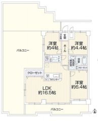 最上階の角部屋、3LDKの間取りです。